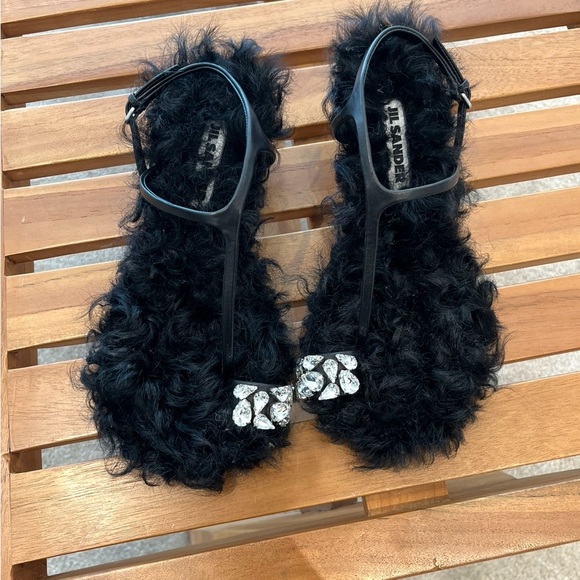 Jil Sander Shoes - New! Jil Sander Black Furry Sandals with Rhinestone Details
